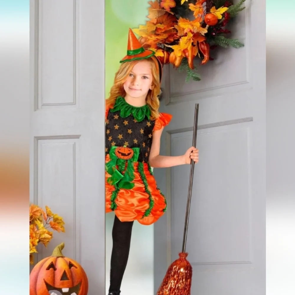 Halloween Pumpkin Witch Costume Orange Green and Black Dress with Mini H…